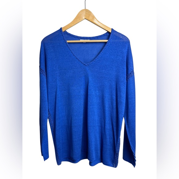 Johnny Was THE LIGHTWEIGHT CLASSIC WHIPSTITCH PULLOVER Silk/ Linen Electric Blue - Picture 5 of 13
